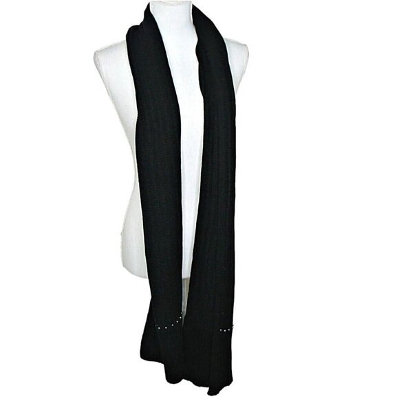 A New Day Scarf Black Ribbed Knit Long 78" Length Gray Pearl Accent Soft Acrylic - Picture 2 of 11